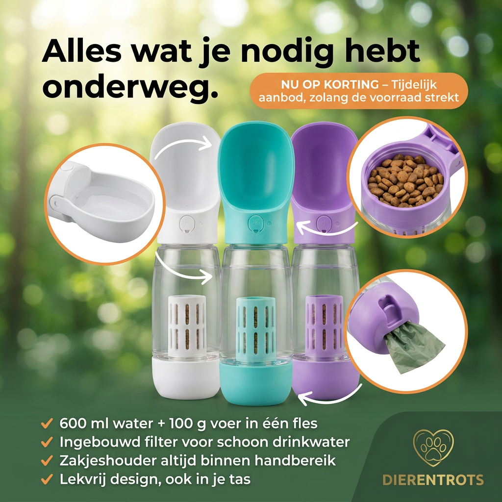 3-in-1 Honden Drinkfles met Voerbakje – Perfect voor Onderweg