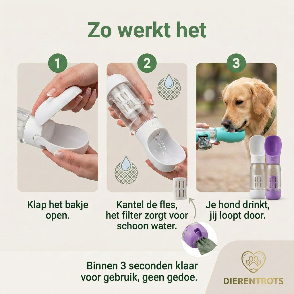 3-in-1 Honden Drinkfles met Voerbakje – Perfect voor Onderweg