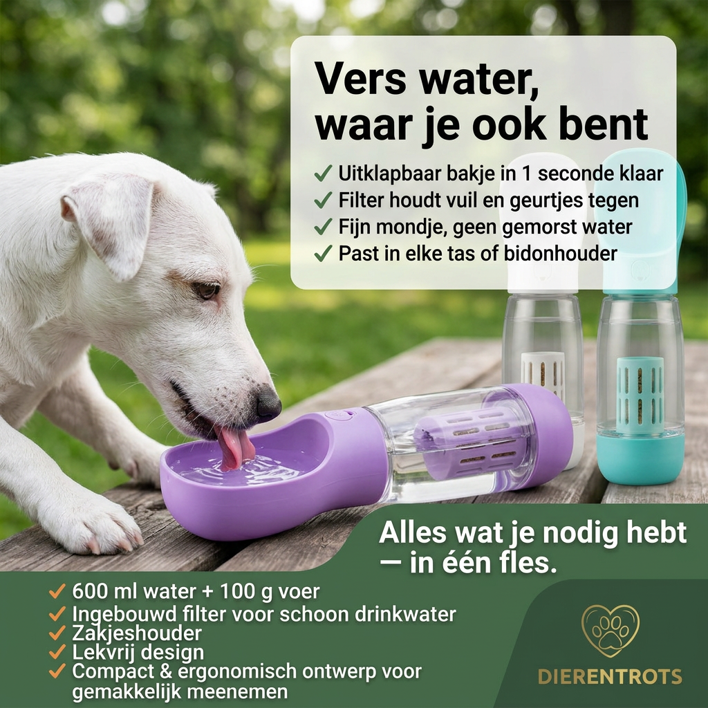 3-in-1 Honden Drinkfles met Voerbakje – Perfect voor Onderweg